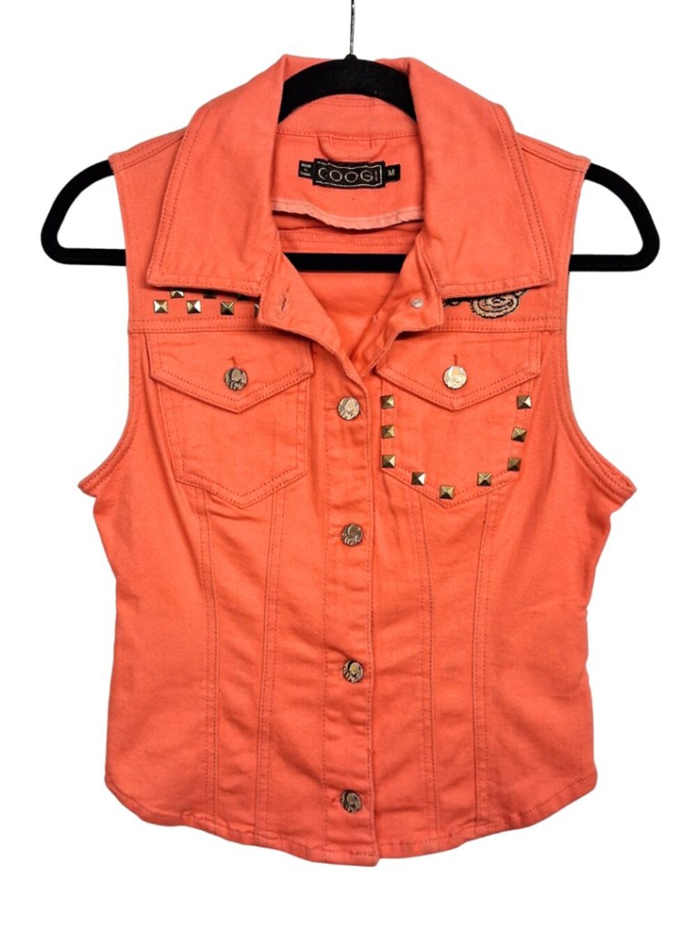 COOGI Orange Studded Denim Vest Embroidered Sleeveless Coral Gold Stretchy M